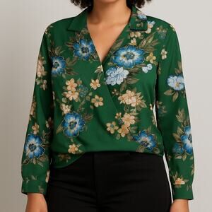 Belle + Sky Green Floral Blouse‎ Women's Large Long Sleeve Button Front